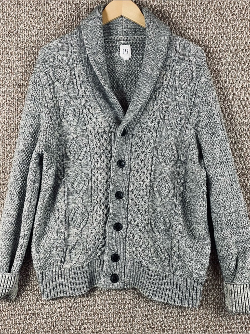 Gap Cardigan Sweater Mens L Gray Shawl Fisherman Grandpacore Academia Cable Knit
